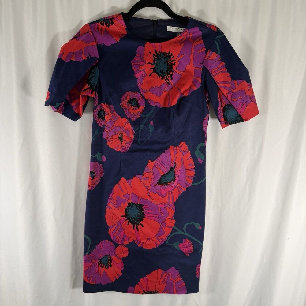Trina Turk Shift Dress Women's 0 Navy Blue Floral Short Sleeve Woven Zip Back